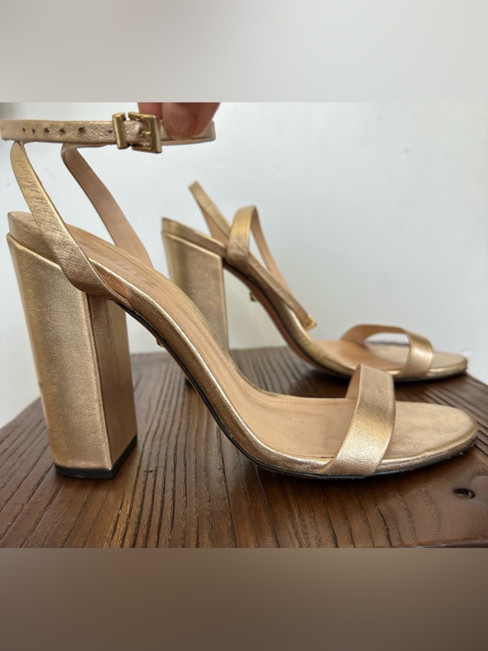 SCHUTZ Metallic Gold Block Heel Sandals with Ankle Strap